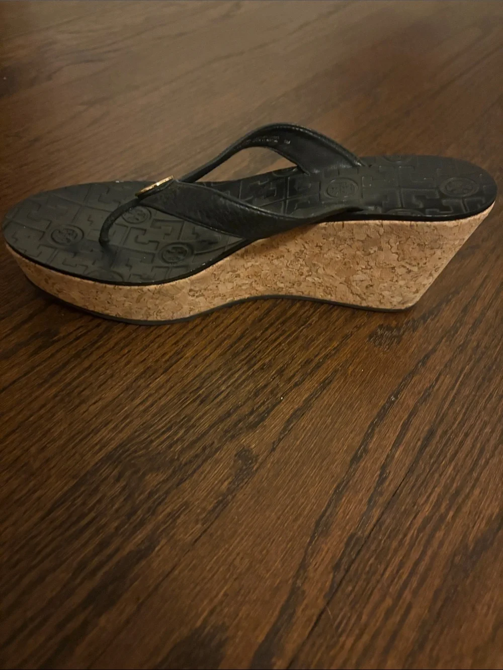 Tory Burch Black Wedge Thong Sandals with Gold Logo